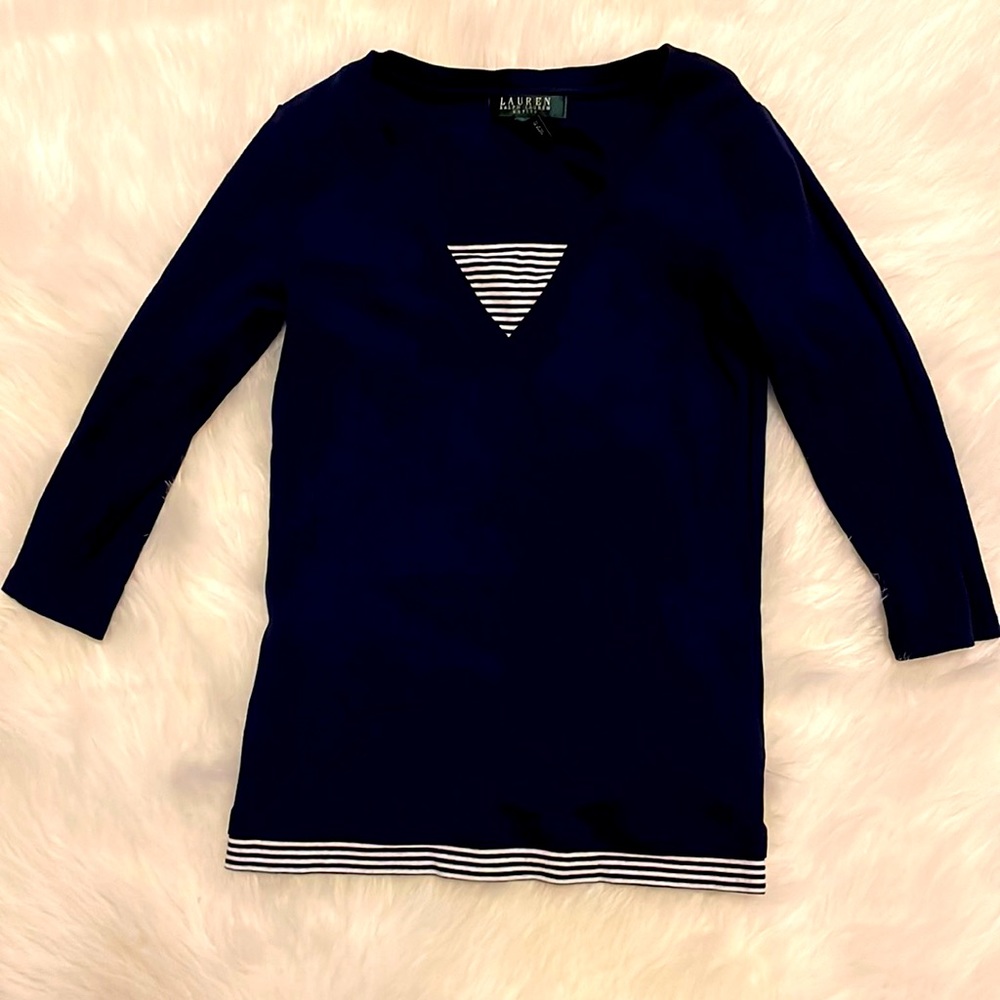 Lauren Ralph Lauren navy blue 3/4 sleeve top shirt v neck petite extra small PXS